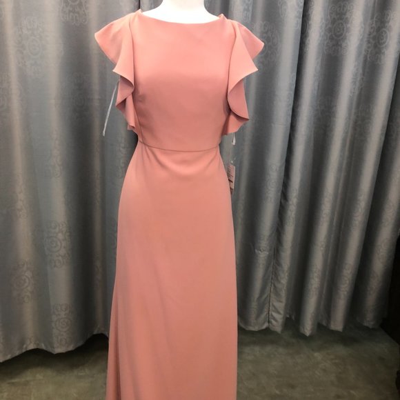 New Dessert Rose Crepe Dress, Ruffle Flutter Sleeve Bridesmaid Formal Dessy - Picture 4 of 16